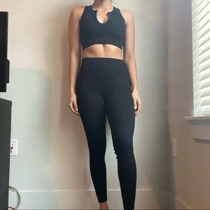 Workout Outfit - 2 Piece Ribbed Seamless High Waist Yoga Leggings Set